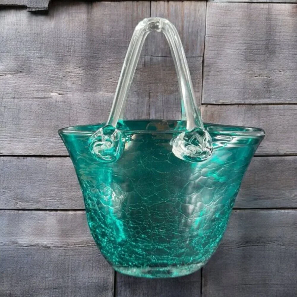 Hand Blown Green Crackle Glass Purse Shape Vase Glassware Decor‎ Clear Handles